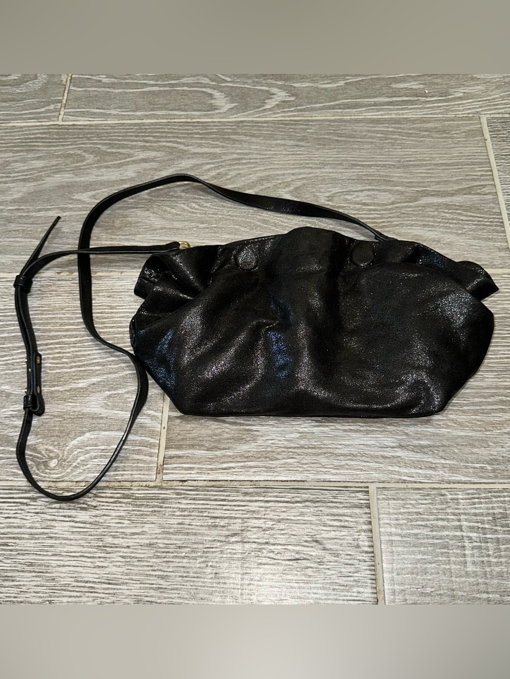 Anthropologie Jory Black Metallic Dumpling Bag Crossbody Clutch Ruched Coquette